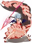  2017 alternate_costume artist_name bare_legs bare_shoulders bat_wings black_gloves blue_hair commentary dated dress elbow_gloves energy_weapon floating_hair flower formal frilled_dress frills full_body gloves gotoh510 highres holding holding_weapon legs legs_apart long_dress looking_at_viewer no_hat no_headwear petticoat pink_dress pointy_ears red_eyes red_flower red_footwear red_ribbon red_rose remilia_scarlet ribbon rose shadow shoes signature simple_background sleeveless sleeveless_dress solo spear_the_gungnir standing touhou weapon white_background wind wind_lift wings 