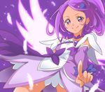  arm_warmers bow chocokin choker closed_mouth cowboy_shot cure_sword dokidoki!_precure earrings feathers hair_ornament jewelry kenzaki_makoto looking_at_viewer magical_girl pointing precure purple purple_background purple_bow purple_eyes purple_hair purple_neckwear purple_skirt short_hair skirt smile solo spade_earrings spade_hair_ornament wings 