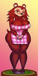  2017 allannocte animal_crossing anthro apron blush breasts brown_fur clothing eyelashes female fur gradient hedgehog mammal nintendo porcupine rodent sable_able shy simple_background slightly_chubby smiles video_games 