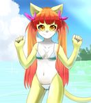  2014 anthro bikini blush breasts camel_toe cat clothed clothing cloud feline female fur hair harsegerwa looking_at_viewer mammal navel outside pink_nose red_hair ribbons sky smile solo standing swimsuit water white_fur yellow_eyes yellow_fur 