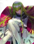  bangs bodysuit c.c. code_geass eyebrows_visible_through_hair green_hair hair_between_eyes highres long_hair looking_at_viewer partially_unzipped shycocoa simple_background sitting solo very_long_hair white_background yellow_eyes 