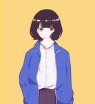  black_hair blue_jacket bread breast_pocket collared_shirt cowboy_shot food gumi. hand_in_pocket jacket long_sleeves looking_at_viewer mouth_hold original pleated_skirt pocket purple_skirt shirt short_hair simple_background skirt solo standing white_shirt yellow_background 