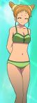  ^_^ aikatsu! arisugawa_otome arms_behind_back artist_request bare_shoulders bikini closed_mouth collarbone drill_hair foreshortening green_bikini green_swimsuit legs looking_at_viewer navel solo swimsuits two_side_up 