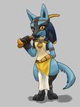 2017 anklet anthro anubis armband black_fur blue_fur bulge clothing cosplay costume deity digital_media_(artwork) egyptian eyeliner fur hi_res jewelry khopesh loincloth looking_at_viewer lucario makeup male melee_weapon necklace nintendo pok&eacute;mon pok&eacute;mon_(species) red_eyes sickle_sword smile solo standing sword theandymac video_games weapon yellow_fur 