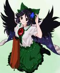  bangs black_eyes black_footwear black_hair black_wings blush bow cape closed_mouth control_rod eyebrows_visible_through_hair flower green_background green_bow green_skirt hair_bow hair_flower hair_ornament kusoyarou long_hair looking_at_viewer reiuji_utsuho short_sleeves skirt smile solo third_eye touhou wings 