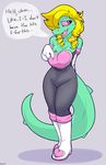  2017 absurd_res alligator anthro areola blonde_hair bratty_(undertale) breasts clothed clothing cosplay costume crocodilian dialogue english_text female hair hi_res nipples open_mouth pink_sclera reptile rouge_the_bat scalie simple_background skoon slit_pupils small_breasts solo sonic_(series) text undertale video_games 