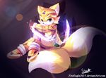  &lt;3 2017 anthro armor black_nose blue_eyes blush canine clothing cute dipstick_tail english_text footwear fox fur futuristic gloves helmet hi_res male mammal melee_weapon miles_prower multicolored_tail senz signature smile solo sonic_(series) suit sword text video_games weapon white_fur yellow_fur 