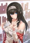  artist_request black_hair blue_eyes blush book breasts commentary_request hairband highres holding holding_book idolmaster idolmaster_cinderella_girls jewelry large_breasts long_hair looking_at_viewer off-shoulder_sweater pendant sagisawa_fumika shawl solo sweater v 