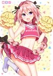  alternate_costume astolfo_(fate) bangs black_bow blush bow braid cheerleader clothes_writing crop_top crossdressing eyebrows_visible_through_hair fang fate/apocrypha fate_(series) groin hair_between_eyes hair_bow hair_intakes hands_up highres holding kneehighs leg_up long_hair looking_at_viewer male_focus mars_symbol midriff multicolored_hair navel open_mouth otoko_no_ko pink_hair pink_skirt pleated_skirt pom_poms purple_eyes purple_footwear shoes single_braid skirt sleeveless sneakers solo standing standing_on_one_leg stomach streaked_hair sweat tareme triangle tsukudani_norio very_long_hair w_arms white_hair white_legwear yellow_background 
