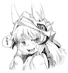  :3 :d animal_ears bangs ears_through_headwear eyebrows_visible_through_hair furry greyscale hat highres horns long_hair made_in_abyss monochrome monster_girl nanachi_(made_in_abyss) open_mouth paws simple_background smile smug solo speech_bubble topless tuxedo_de_cat upper_body whiskers white_background 