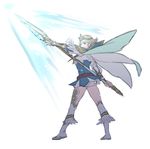  blonde_hair blue_dress blue_eyes boots cape dress earrings feather_trim fire_emblem fire_emblem_heroes fjorm_(fire_emblem_heroes) from_behind full_body gauntlets jewelry krazehkai looking_at_viewer looking_back polearm short_hair simple_background sketch solo spear thigh_boots thighhighs tiara weapon white_background 