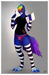  2014 anthro arm_warmers armwear avian beak bird blue_feathers bulge clothed clothing feathers firetally full_portrait hair indigo_avemour legwear looking_at_viewer male multicolored_hair panties purple_eyes rainbow_hair solo standing stockings tail_feathers talons underwear 