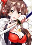  azur_lane bad_id bad_pixiv_id bangs blurry blush breasts brown_eyes brown_hair cleavage commentary_request dress foreshortening hair_ornament hair_over_one_eye hair_ribbon highres holding holding_sword holding_weapon japanese_clothes kamakura_(abcd-1111-58) katana large_breasts long_hair long_sleeves looking_at_viewer open_mouth ponytail ribbon solo sword very_long_hair weapon wide_sleeves zuikaku_(azur_lane) 