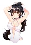  adjusting_hair armpits arms_behind_head arms_up azur_lane bangs bare_arms bare_shoulders blunt_bangs blush bow breasts brown_hair castle cleavage closed_mouth criss-cross_halter eyebrows_visible_through_hair hair_bow halterneck highres large_breasts lips long_hair looking_at_viewer orange_eyes ponytail ribbon sasha_chii see-through shiny shiny_hair signature simple_background smile solo swimsuit takao_(azur_lane) upper_body very_long_hair white_background white_ribbon white_swimsuit 