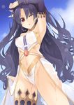  ;o arm_on_head armpits asymmetrical_sleeves bangs black_hair breasts crown day earrings fate/grand_order fate_(series) gem hoop_earrings ishtar_(fate/grand_order) jewelry long_hair looking_at_viewer medium_breasts navel neck_ring nipples one_eye_closed parted_bangs pubic_hair pussy red_eyes sasakura see-through single_thighhigh sky solo thighhighs two_side_up very_long_hair wavy_hair wet wet_clothes 
