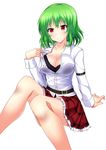  absurdres arm_garter bangs black_bra blush bra breasts cleavage closed_mouth collarbone commentary_request frilled_skirt frills green_hair haruka_(pixiv) highres kazami_yuuka large_breasts long_sleeves looking_at_viewer plaid plaid_skirt red_eyes shirt short_hair sitting skirt smile solo touhou underwear white_shirt 