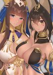  animal_ears arm_around_waist bangs black_hair blue_eyes blunt_bangs blush breasts brown_hair cleavage closed_mouth dark_skin egyptian egyptian_clothes eyebrows_visible_through_hair hair_between_eyes half-closed_eyes headdress jackal_ears large_breasts light_smile long_hair looking_at_viewer multiple_girls navel navel_cutout original short_hair short_hair_with_long_locks sidelocks smile upper_body usekh_collar yaman yellow_eyes 