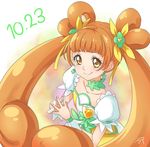  brooch brown_hair chocokin choker closed_mouth cure_rosetta dated dokidoki!_precure double_bun earrings fingers_together green_neckwear jewelry long_hair looking_at_viewer magical_girl multicolored multicolored_background precure smile solo twintails upper_body yellow_eyes yotsuba_alice 