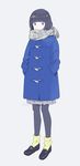  bangs black_footwear blue_eyes blue_hair blunt_bangs coat full_body grey_background grey_scarf gumi. highres leg_warmers long_sleeves looking_at_viewer original pantyhose purple_legwear scarf scarf_over_mouth shoes short_hair signature simple_background solo standing winter_clothes winter_coat 
