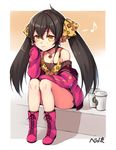  :&gt; animal_print artist_name bangs black_hair black_legwear boots breasts camisole cleavage closed_mouth collarbone commentary_request cross-laced_footwear eighth_note eyebrows_visible_through_hair hand_up heart heart_necklace hsuliherng idolmaster idolmaster_cinderella_girls jacket jewelry lace-up_boots legs_together long_hair matoba_risa musical_note necklace open_clothes open_jacket purple_legwear sidelocks signature small_breasts socks solo starbucks thighs twintails yellow_eyes 