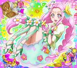  :d blue_skirt book bow braid cure_felice flower flower_in_eye full_body green_eyes green_footwear green_ribbon ha-chan_(mahou_girls_precure!) hair_flower hair_ornament hanami_kotoha hanzou hexagram high_heels leg_ribbon long_hair looking_at_viewer magical_girl mahou_girls_precure! multicolored multicolored_background open_mouth pink_bow pink_hair precure ribbon shoes skirt smile solo symbol_in_eye twin_braids wrist_cuffs 