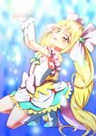  blonde_hair blue_background commentary_request cure_echo hair_ribbon kneeling long_hair magical_girl precure precure_all_stars_new_stage:_mirai_no_tomodachi red_eyes ribbon sakagami_ayumi solo twintails very_long_hair white_ribbon wrist_cuffs yuto_(dialique) 