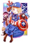  3boys armor babe_(fate) belt billy_the_kid_(fate/grand_order) black_widow black_widow_(cosplay) blonde_hair blue_eyes blush boots bow_(weapon) breasts bull cape captain_america captain_america_(cosplay) charles_babbage_(fate/grand_order) cleavage commentary cosplay fate/grand_order fate_(series) gevjon gloves green_hair hammer hat hawkeye_(marvel) hawkeye_(marvel)_(cosplay) helena_blavatsky_(fate/grand_order) highres long_sleeves marvel multiple_boys multiple_girls nikola_tesla_(fate/grand_order) open_mouth paul_bunyan_(fate/grand_order) purple_eyes purple_hair shield short_hair small_breasts smile sunglasses teeth thor_(marvel) thor_(marvel)_(cosplay) weapon yellow_eyes 