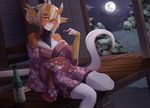  2017 alcohol anthro beverage blonde_hair blush bottle breasts brown_scales building claws cleavage clothed clothing cloud detailed_background digital_media_(artwork) dragon drunk dutch_angle female fingerless_(marking) full_moon fully_clothed hair hair_bun holding_object horn house iwbitu japanese japanese_clothing kimono looking_at_viewer moon multicolored_horn multicolored_scales outside pink_clothing pink_topwear sake scales scalie sitting sky smile solo star starry_sky two_tone_scales white_claws white_scales white_tail yellow_eyes 