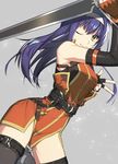  ahoge armpits bare_shoulders belt blue_hair detached_sleeves fingerless_gloves fire_emblem fire_emblem:_souen_no_kiseki fire_emblem_heroes gloves green_eyes hairband headband highres long_hair looking_at_viewer one_eye_closed purple_hair smile solo sword tdob_mk2 thighhighs wayu_(fire_emblem) weapon white_hairband 