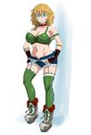  annie_(saga_frontier) bad_id bad_pixiv_id blonde_hair breasts cleavage gloves green_eyes hanemikakko large_breasts saga saga_frontier shoes short_hair shorts smile solo thighhighs 