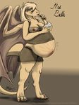  anthro belly beuwens-folder big_belly big_breasts blush breasts brown_background brown_eyes brown_hair brown_scales clothing dessert dragon eating female food hair hi_res ice_cream looking_at_viewer nipples pregnant scales simple_background smile stretch_marks text translucent transparent_clothing wings 