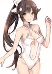  azur_lane black_hair bow breasts brown_eyes casual_one-piece_swimsuit cowboy_shot hair_bow hair_flaps highres large_breasts long_hair looking_at_viewer medium_breasts mizuki_eiru_(akagi_kurage) navel one-piece_swimsuit ponytail protected_link simple_background smile solo swimsuit takao_(azur_lane) very_long_hair white_background 