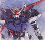  aile_strike_gundam artist_name commentary gundam gundam_seed hector_trunnec highres mecha no_humans traditional_media watercolor_(medium) 