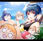  anger_vein bangs bare_shoulders between_breasts bikini black_bikini blue_hair blue_sky blunt_bangs blush breasts character_doll chibi cloud day hair_bun hammock hirako knees_up kunikida_hanamaru kurosawa_dia kurosawa_ruby letterboxed looking_at_viewer love_live! love_live!_sunshine!! matsuura_kanan merchandise mole mole_under_mouth multiple_girls nesoberi ocean ohara_mari open_mouth outdoors person_between_breasts red_eyes sakurauchi_riko side_bun sky small_breasts solo_focus sparkle sweatdrop swimsuit takami_chika tsushima_yoshiko watanabe_you 