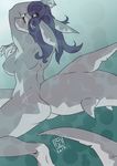 2017 absurd_res anthro bearbox_doodletimes big_tail biped breasts digital_media_(artwork) eyelashes female fin fish grey_skin grey_tail hair hi_res long_hair long_tail marine nipples non-mammal_breasts nude orange_eyes pinup pose purple_hair purple_nipples rear_view shark side_boob signature solo tail_fin thick_tail 