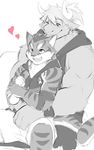  anthro biceps blush bovine cattle clothed clothing cute digital_media_(artwork) feline fur hoodie leopard_cat male male/male mammal microphone muscular muscular_male nekojishi piercing shu-chi simple_background smile stripes uken_l_(artist) 