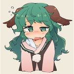  animal_ears bangs blush collarbone cropped_arms cropped_torso dog_ears empty_eyes eyebrows_visible_through_hair fang green_eyes green_hair grey_background half-closed_eye ini_(inunabe00) kasodani_kyouko long_hair looking_at_viewer messy_hair no_pupils nose_blush off_shoulder open_mouth simple_background sleepy solo touhou upper_body 
