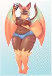  2017 3_toes anthro bat belly big_breasts biped black_nose blue_eyes breasts clothing deep_navel digital_media_(artwork) ear_piercing eyeshadow female hair huge_hips hybrid inner_ear_fluff lysergide makeup mammal multicolored_hair nails navel neck_tuft nipples open_mouth phone piercing shirt shorts solo standing teeth thick_thighs toes tuft voluptuous wide_hips wings 