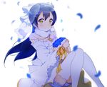  bad_id bad_pixiv_id bangs bare_shoulders blue_flower blue_hair bouquet closed_mouth commentary_request detached_sleeves dress earrings flower hair_ornament highres holding icehotmilktea jewelry long_hair looking_at_viewer love_live! love_live!_school_idol_festival love_live!_school_idol_project petals simple_background smile solo sonoda_umi thighhighs tiara wedding wedding_dress white_background white_legwear yellow_eyes 