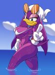  4_fingers avian bandanna beak big_breasts big_butt bikini bird blue_eyes breasts butt clothing eyewear feathers female gloves half-closed_eyes hirundinid looking_at_viewer navel non-mammal_breasts partially_submerged parumpi pointing purple_feathers raised_tail sea smile solo sonic_(series) sonic_riders sunglasses swallow_(bird) swimsuit water wave_the_swallow wet 