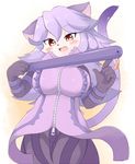  big_breasts breasts cat domination feline female female_domination hair looking_at_viewer mammal op&#233;ra_kranz opera_kranz plain_background purple_hair red_eyes solatorobo solo unknown_artist white_background zipper 