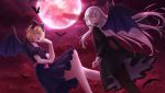  2girls :d bat bat_wings black_bow black_dress black_legwear blonde_hair bow choker cloud dress dutch_angle erie_(tonari_no_kyuuketsuki-san) fang finger_to_mouth floating frilled_sleeves frills full_moon hair_bow highres legs_crossed long_hair looking_at_viewer moon multiple_girls night open_mouth outdoors pantyhose parted_lips pink_eyes potsunen purple_eyes red_moon short_hair silver_hair sitting sky smile sophie_twilight standing tonari_no_kyuuketsuki-san very_long_hair wings 