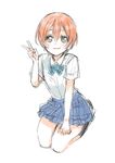  :3 bow bowtie full_body hair_between_eyes hoshizora_rin looking_at_viewer love_live! love_live!_school_idol_project nakayama_miyuki orange_hair otonokizaka_school_uniform plaid plaid_skirt school_uniform seiza short_hair simple_background sitting sketch skirt smile socks solo striped striped_bow striped_neckwear v white_background yellow_eyes 