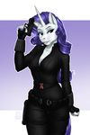  2017 absurd_res anthro anthrofied black_widow_(marvel) breasts cleavage clothed clothing costume cutie_mark equine female friendship_is_magic gun hair hi_res holding_object holding_weapon horn jumpsuit long_hair mammal my_little_pony mykegreywolf ranged_weapon rarity_(mlp) solo unicorn weapon 