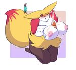  1girl 2017 animal_ears areolae between_breasts blush bow braixen breast-squeeze breasts cum cum_on_breasts dated disembodied_penis ejaculation erection feet fox_ears fox_tail full_body furry green_bow half-closed_eye highres huge_breasts kneeling lavenderpandy nipples no_humans one_eye_closed open_mouth orgasm paizuri paws penis pokemon pokemon_(creature) pokemon_xy red_eyes seiza signature simple_background sitting solo stick tail text uncensored 