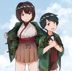  aircraft airplane black_eyes black_hair black_neckwear brown_eyes brown_hair brown_sailor_collar brown_serafuku brown_shorts brown_skirt cowboy_shot e16a_zuiun hakama_skirt happi hyuuga_(kantai_collection) japanese_clothes kantai_collection looking_at_viewer mogami_(kantai_collection) multiple_girls neckerchief nontraditional_miko sailor_collar satsumi short_hair shorts skirt undershirt 