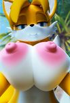  2017 3d_(artwork) animal_genitalia anthro big_breasts blue_eyes breasts canine crossgender digital_media_(artwork) eyelashes female fox fur hair hi_res huge_breasts looking_at_viewer mammal miles_prower multi_tail nipples nude pixel-perry smile solo sonic_(series) video_games white_fur 