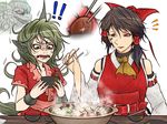  2girls animal_ears ascot bare_arms bare_shoulders bow breasts brown_eyes brown_hair chopsticks close-up cloud_print collarbone curly_hair detached_sleeves disgust facepaint fangs food green_eyes green_hair hair_bow hair_tubes hakurei_reimu hand_up hands_up holding holding_chopsticks horn hotpot kariyushi_shirt komainu komano_aun komano_aun_(komainu) large_breasts long_hair looking_at_another medium_hair multiple_girls older open_mouth parted_lips red_shirt ryuuichi_(f_dragon) shirt short_sleeves side_ponytail simple_background smile table touhou upper_body white_background 