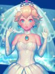  artist_name bellhenge blonde_hair blue_eyes breasts bridal_veil dress earrings elbow_gloves flower gloves hair_flower hair_ornament jewelry long_hair looking_at_viewer mario_(series) medium_breasts parted_lips ponytail princess_peach solo strapless strapless_dress super_mario_bros. super_mario_odyssey tiara veil wedding_dress white_dress white_gloves 