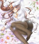  arm_up black_legwear brown_hair flower long_hair marker_(medium) on_bed original pantyhose purple_eyes tegaki_no_yuu traditional_media unbuttoned unbuttoned_shirt watercolor_(medium) 